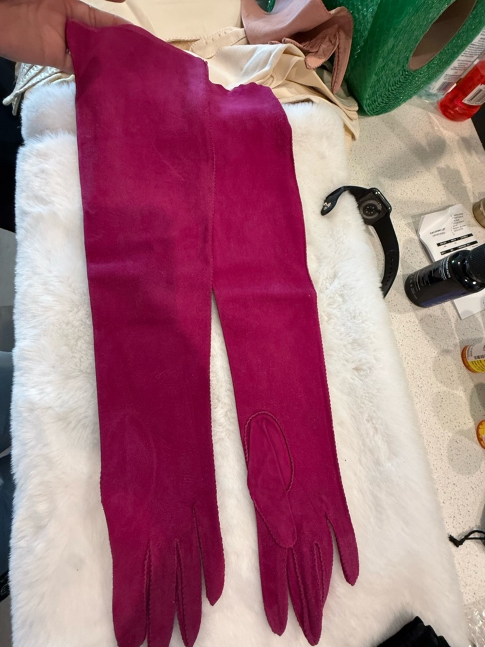 Vintage Long Magenta Suede Gloves